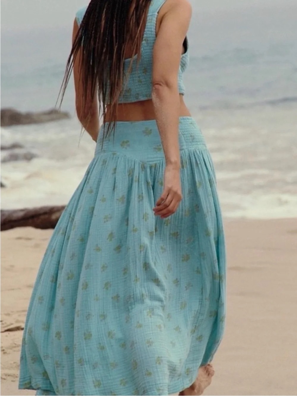 Free People Light Blue Gauze Maxi Skirt with Green Floral Print